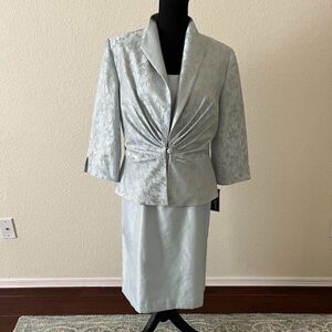 NWT Jessica Howard Evenings 2 Pc Light Blue Dress Brocade Gathered Jacket sz 12